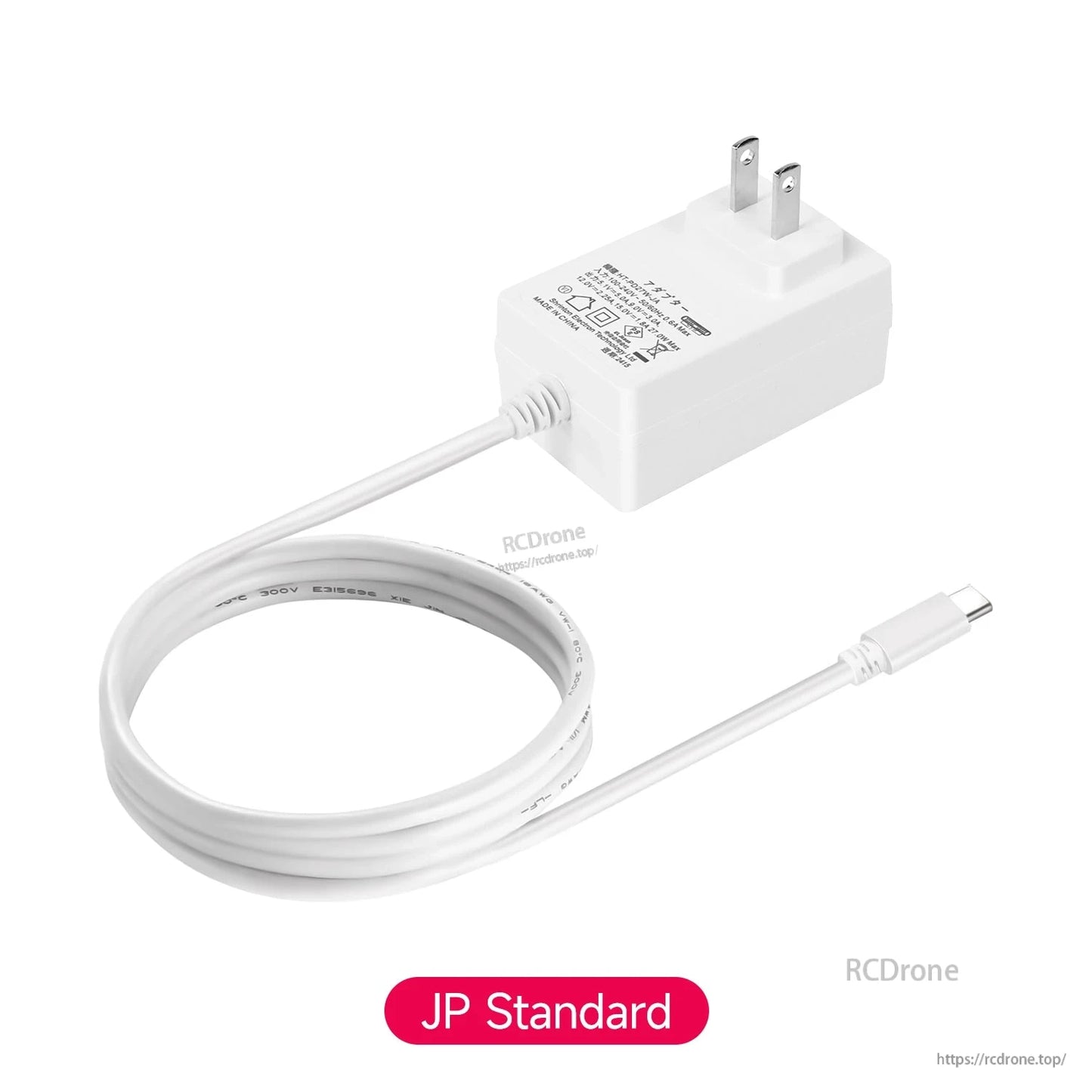 JP plug version power adapter with attached USB-C cable, angled view on white background