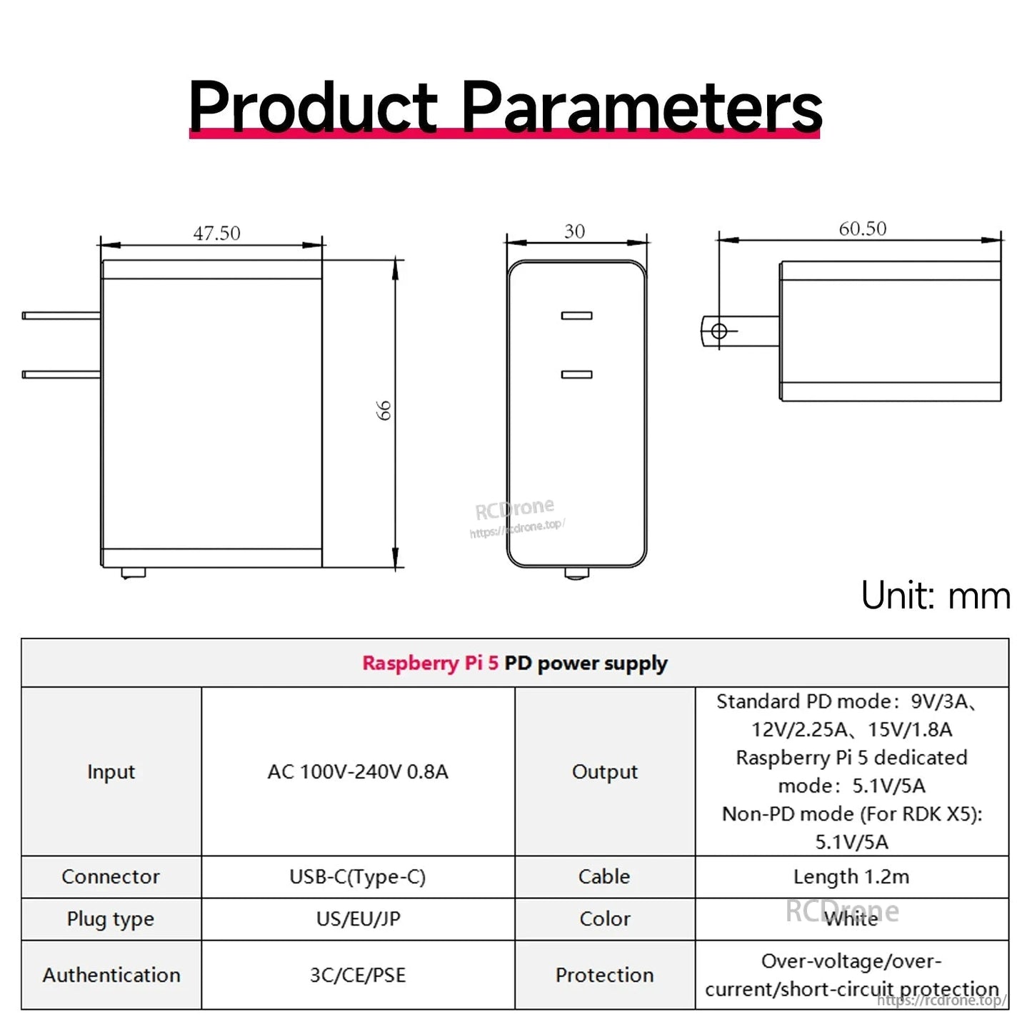 Power supply product parameters diagram with dimensions and input/output specification table