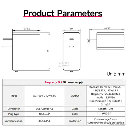 Power supply product parameters diagram with dimensions and input/output specification table