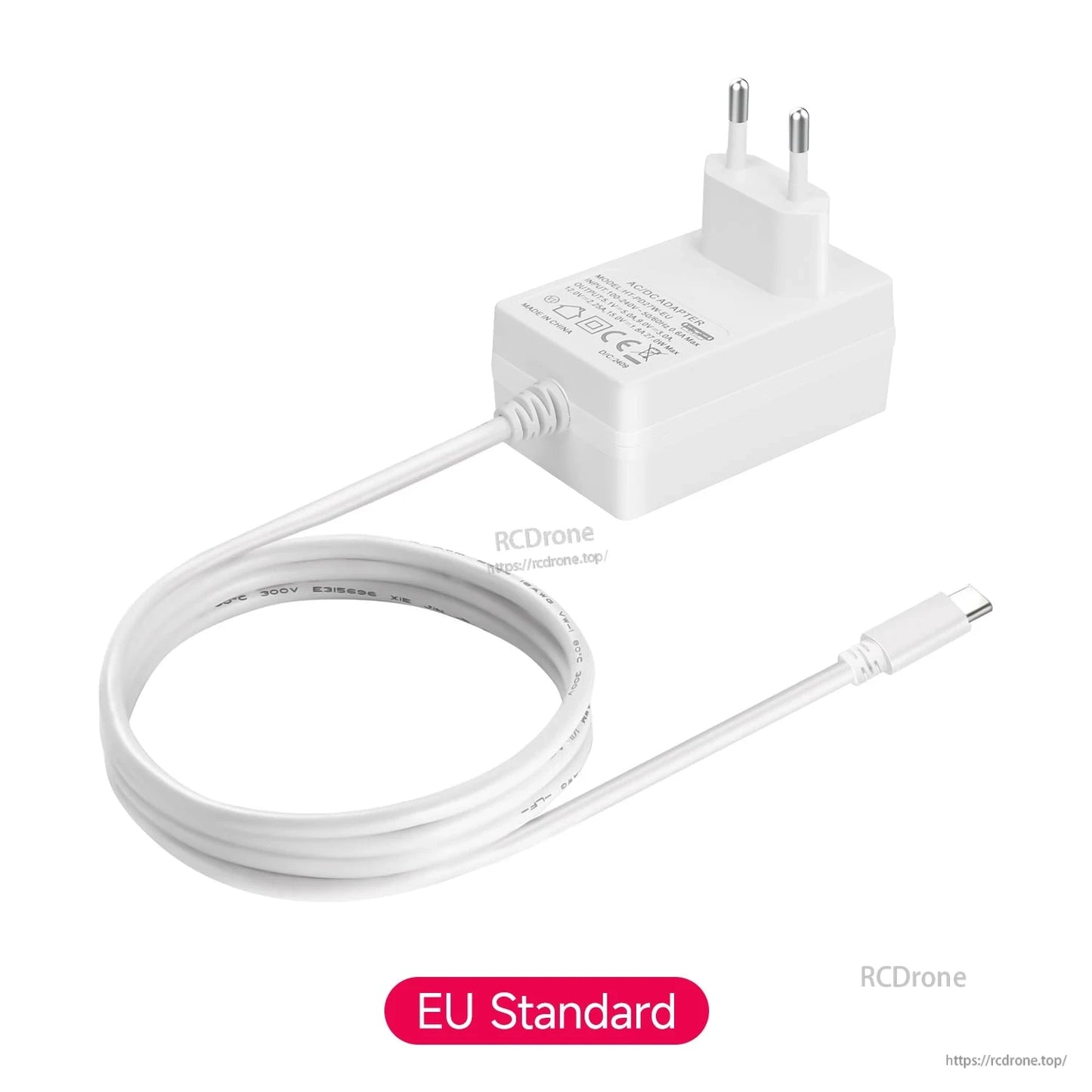 EU plug version power adapter with attached USB-C cable, angled view on white background