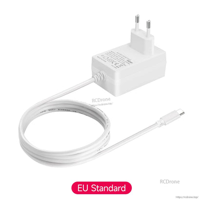 EU plug version power adapter with attached USB-C cable, angled view on white background