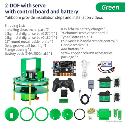 Green 2-DOF kit with servos, control board and battery; includes PS2 remote, charger, cables