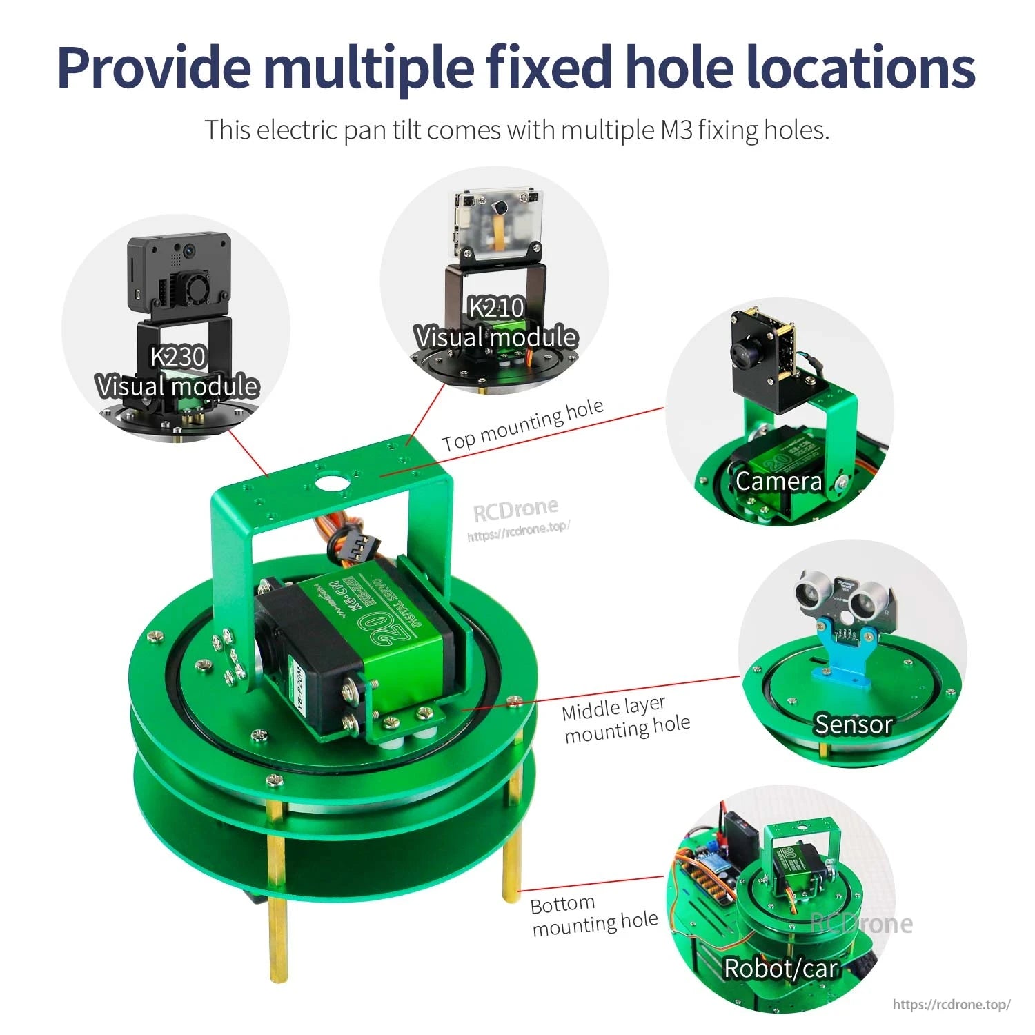 Pan-tilt platform mounting hole locations for visual module, camera, sensor, and robot car base