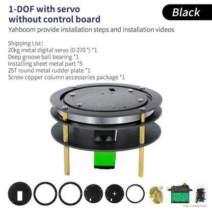 Black 1-DOF platform with 20kg servo, no control board; kit parts and screws shown
