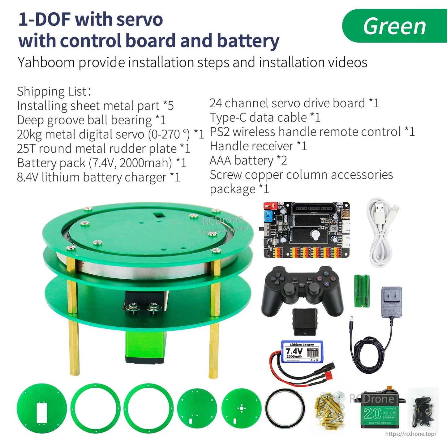 Green 1-DOF kit with servo, control board and battery; includes PS2 remote, charger, cables