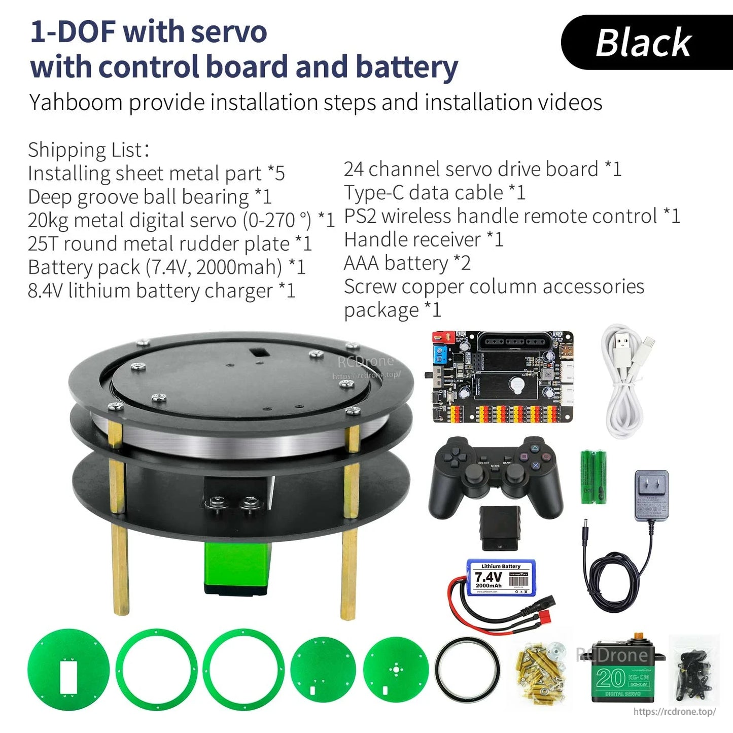 Black 1-DOF kit with servo, control board and battery; includes PS2 remote, charger, cables