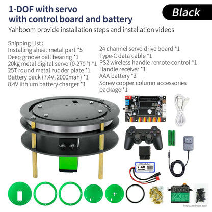 Black 1-DOF kit with servo, control board and battery; includes PS2 remote, charger, cables