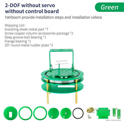 Green 2-DOF platform frame without servos or control board; plates, rings, hardware shown