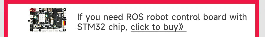 Banner advertising a ROS robot control board with STM32 chip, with small controller board image and “click to buy” text