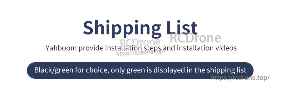 Shipping list header for Yahboom 2DOF PTZ pan-tilt platform, noting black/green option and only green listed.