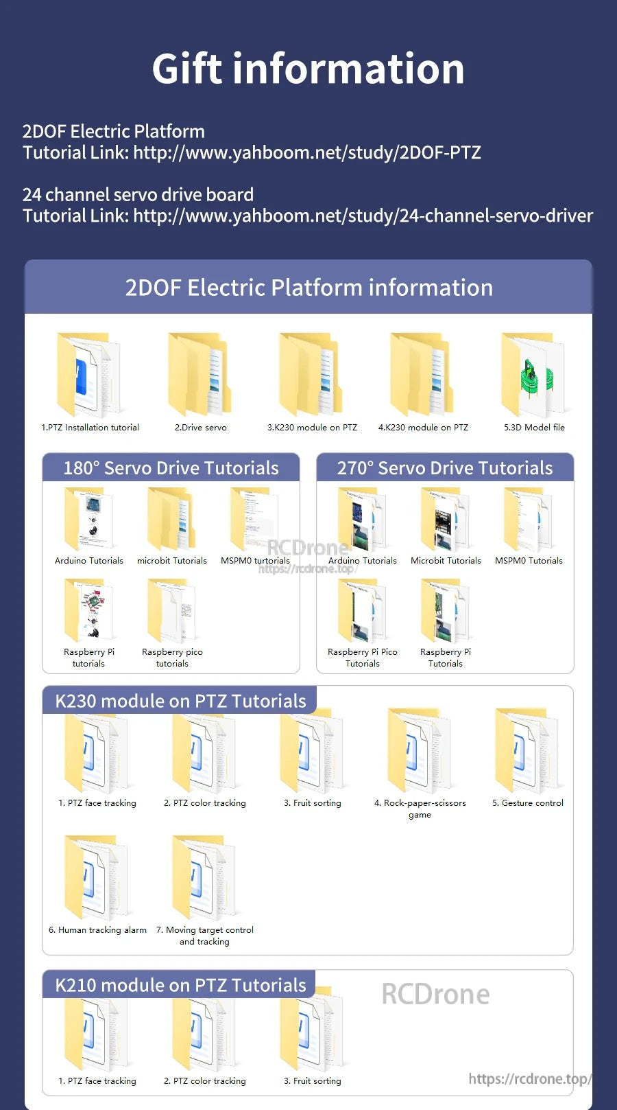 Yahboom 2DOF PTZ pan-tilt platform gift information sheet with tutorial links for servo drivers and K230/K210 modules