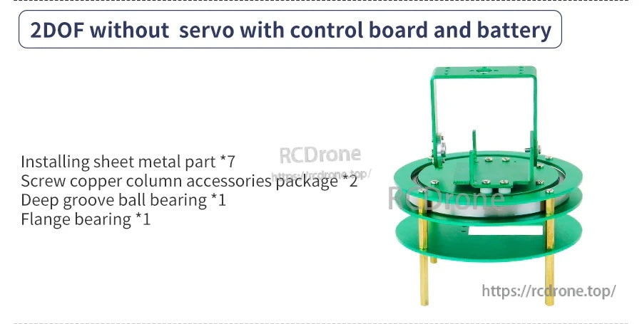 Green 2DOF pan-tilt platform frame with control board and battery, shown without servo motors