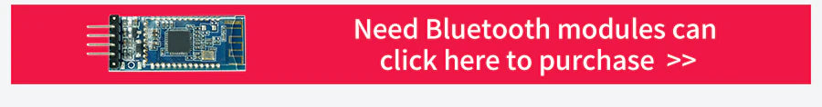 Bluetooth module breakout board with pin header pads, shown in a red banner with purchase prompt text