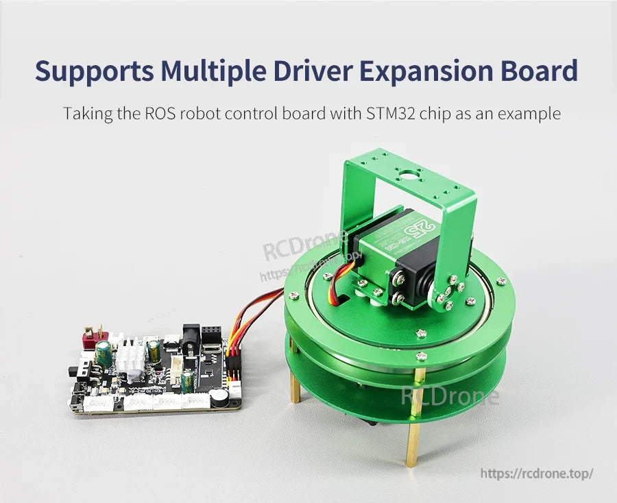 Green metal 2DOF pan-tilt platform with servo motor mounted on a round base, beside a driver expansion board