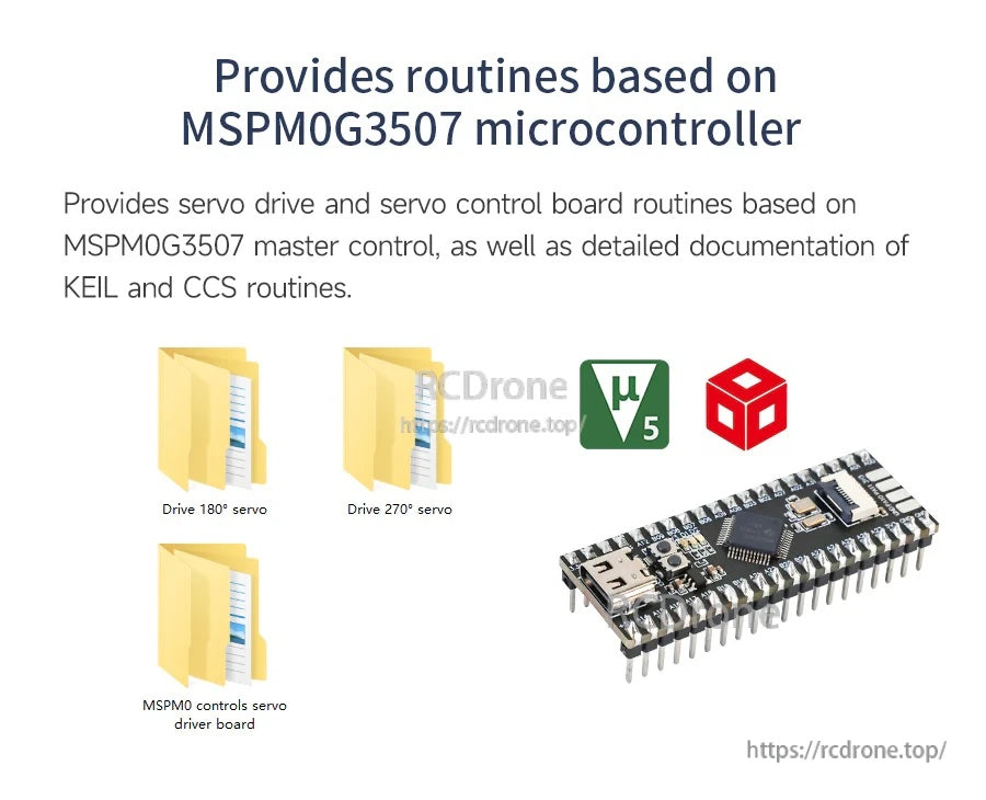 MSPM0G3507 microcontroller development board with USB connector and pin headers for servo control routines