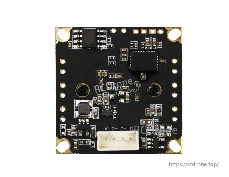 Rear view of camera module PCB showing chips, solder pads, and white multi-pin connector