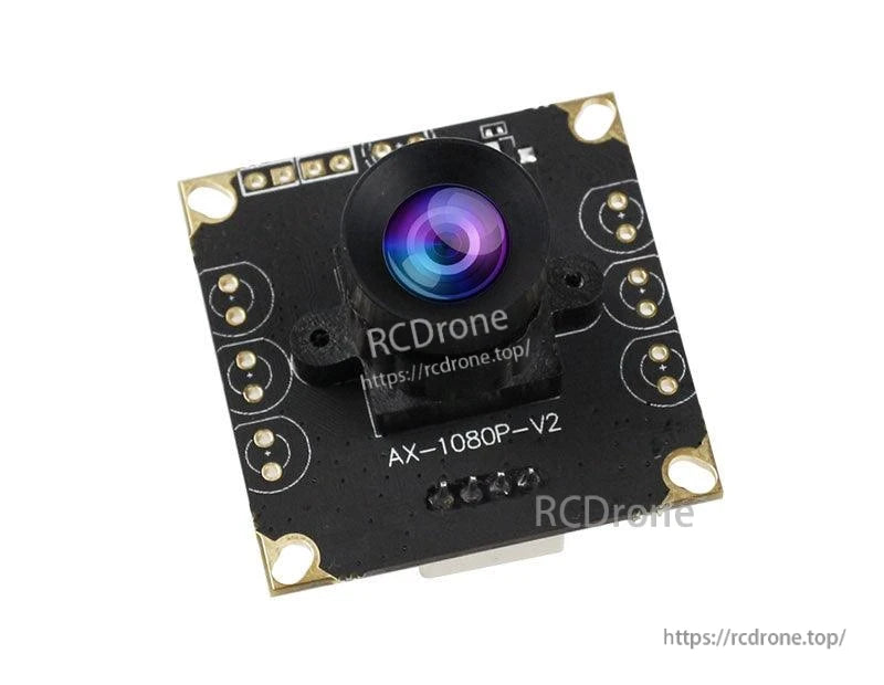 Angled front view of AX-1080P-V2 camera PCB showing lens housing and component layout