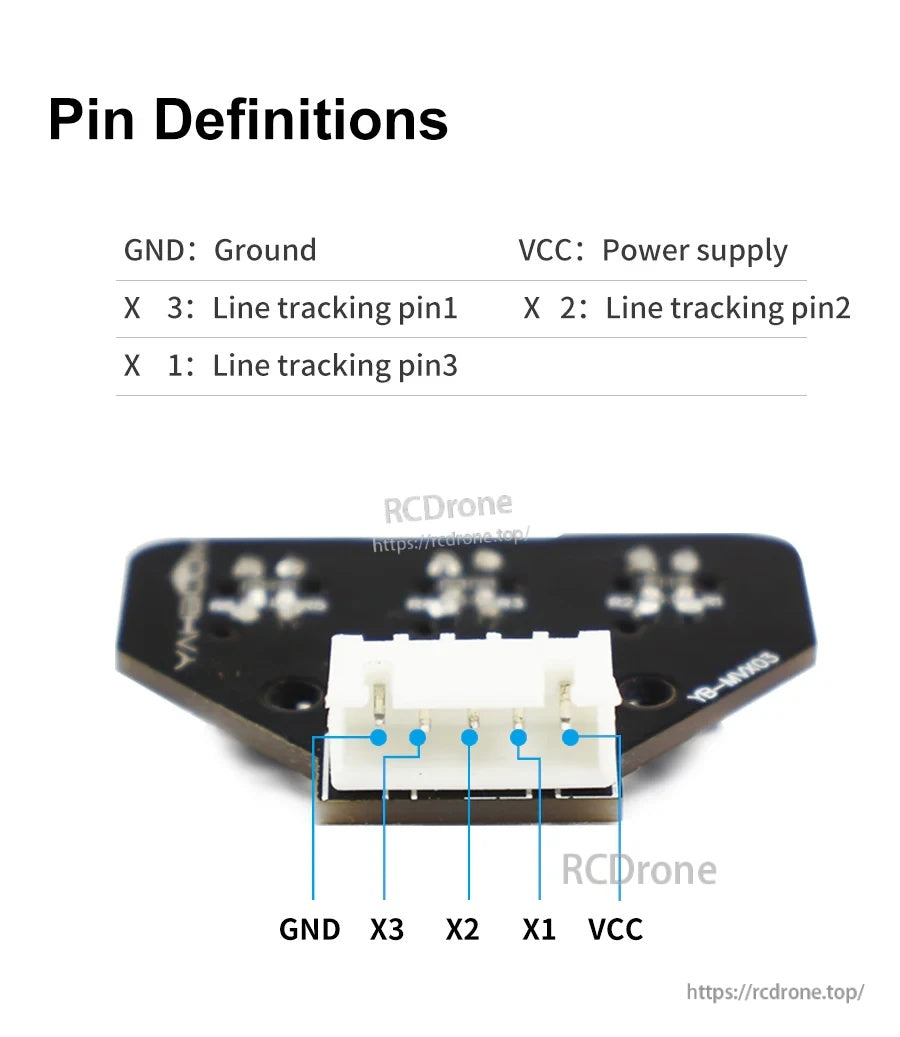 5-pin XH2.54 connector pin definitions: GND, X3, X2, X1, VCC for the tracking sensor module
