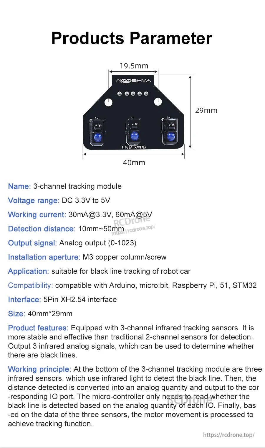 Product parameters and size drawing for 3-channel tracking module, including 40×29 mm dimensions