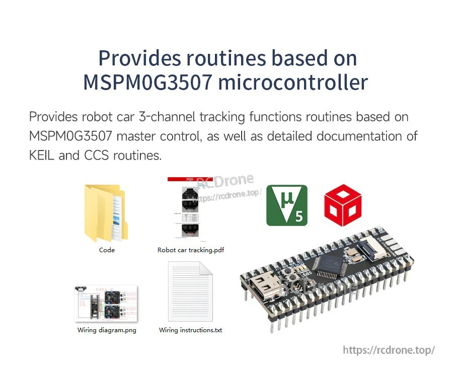 MSPM0G3507 routine package contents: code, robot car tracking PDF, wiring diagram PNG, and wiring instructions TXT