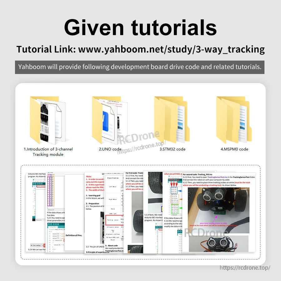 Tutorial download overview with code examples for UNO, STM32, and MSPM0 for the 3-channel tracking module