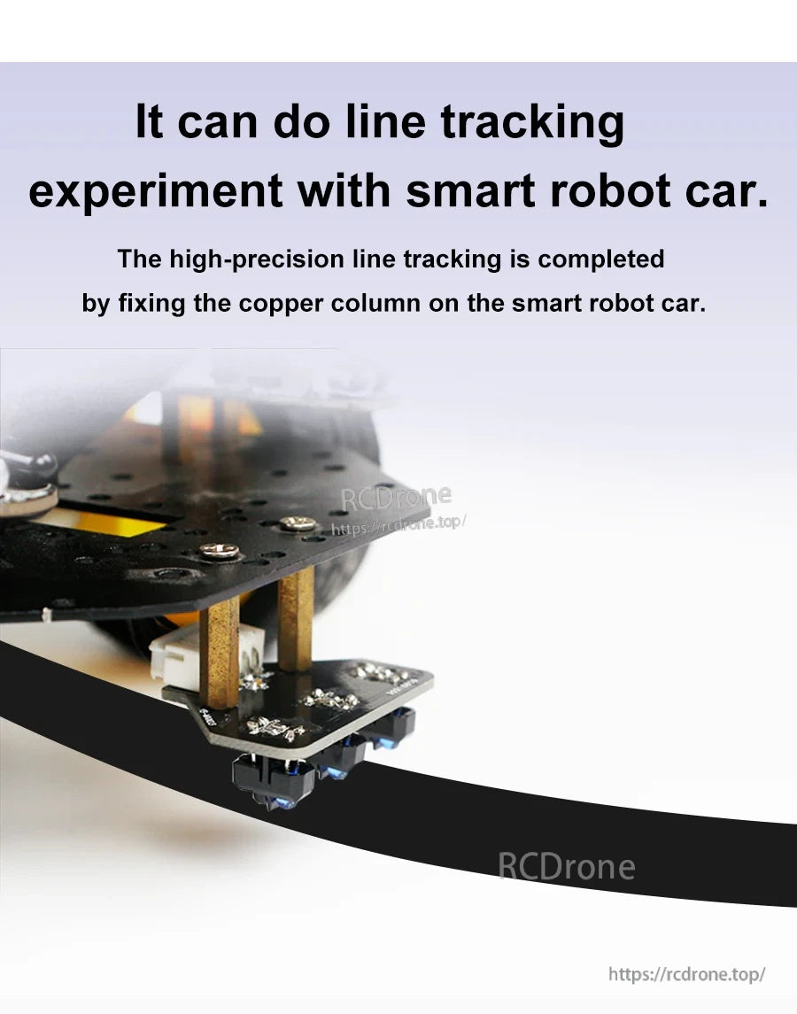 Robot car line tracking installation example using M3 copper columns to mount the sensor above a black line