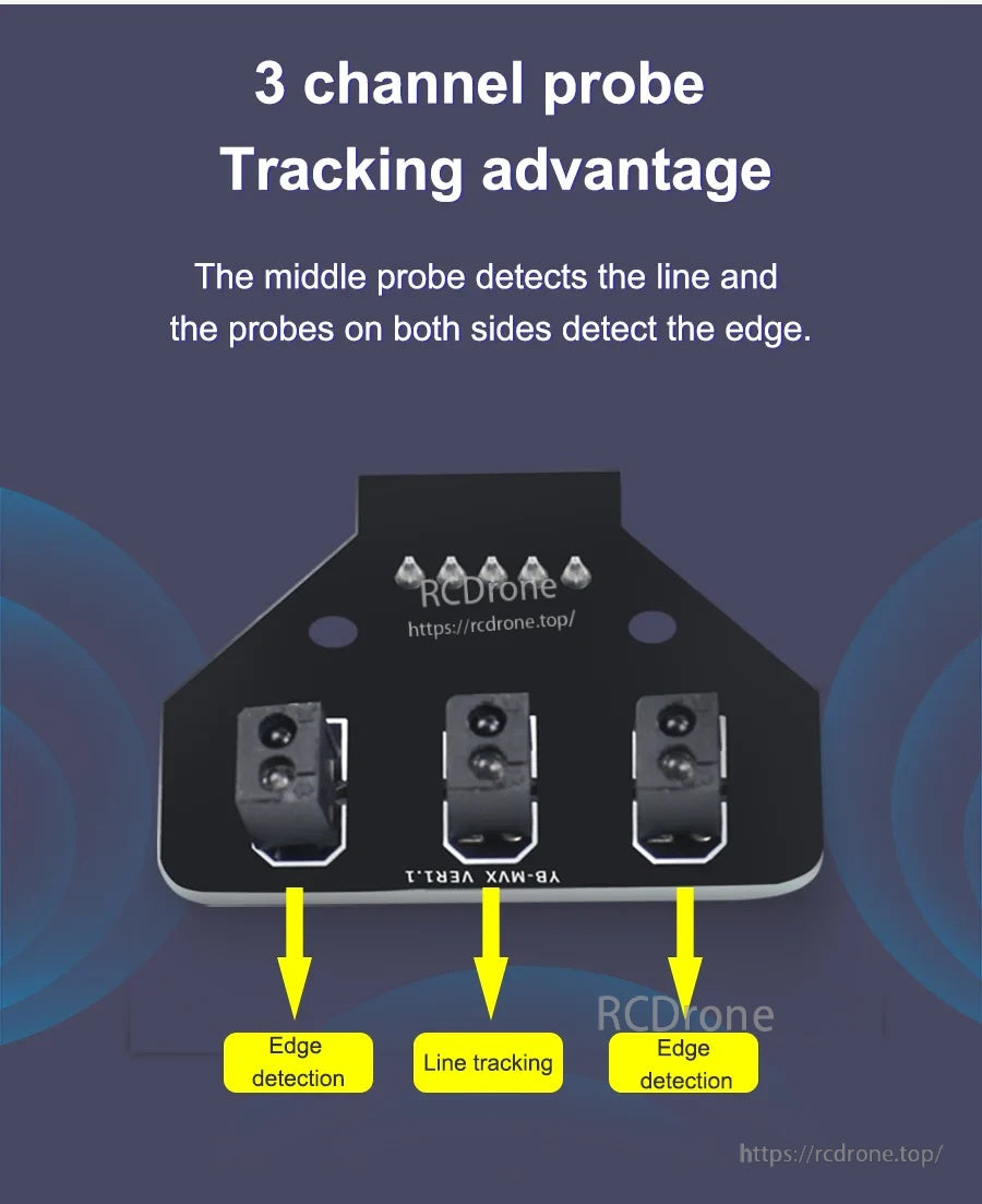Yahboom 3-channel IR sensor probe layout: center probe for line tracking, side probes for edge detection