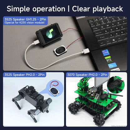 Application examples: 3525 speaker connected to laptop, robot use with 3525 PH2.0 and 3070 PH2.0 speakers
