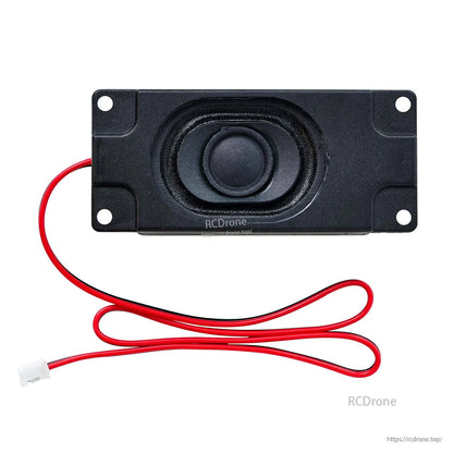 3070 rectangular micro speaker front view with four mounting holes and red lead wire with 2-pin connector