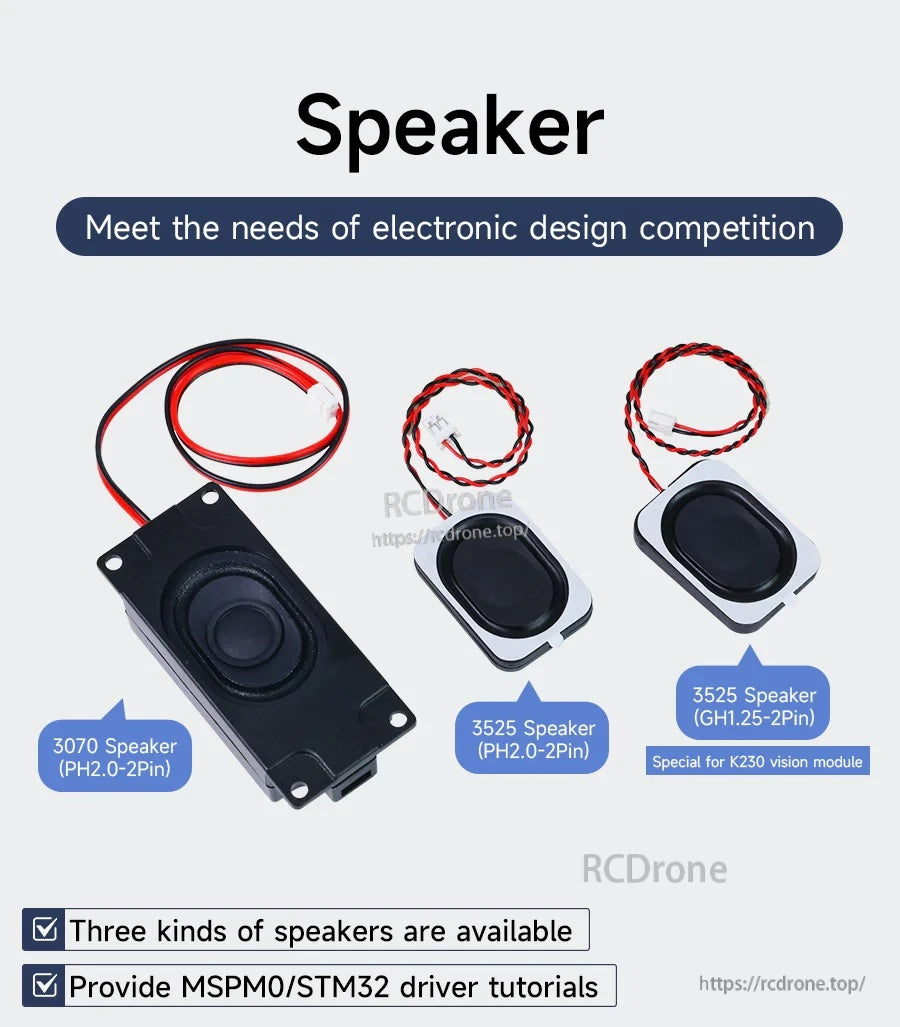 Yahboom 3070/3525 3W 4Ω micro speaker options with PH2.0 and GH1.25 2‑pin connectors