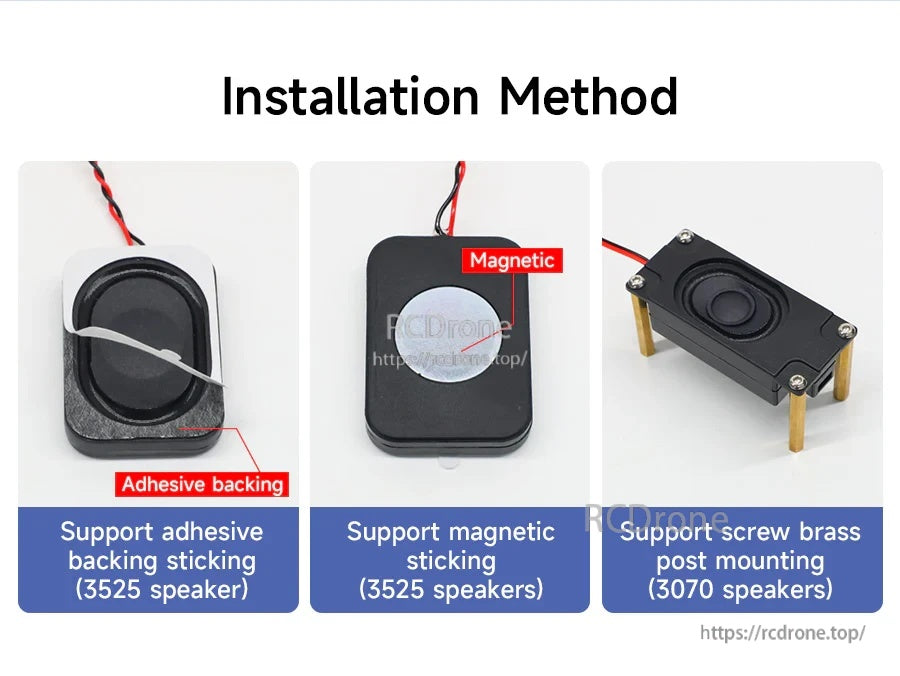 Installation options: 3525 speaker with adhesive backing or magnetic mounting; 3070 speaker with screw brass posts