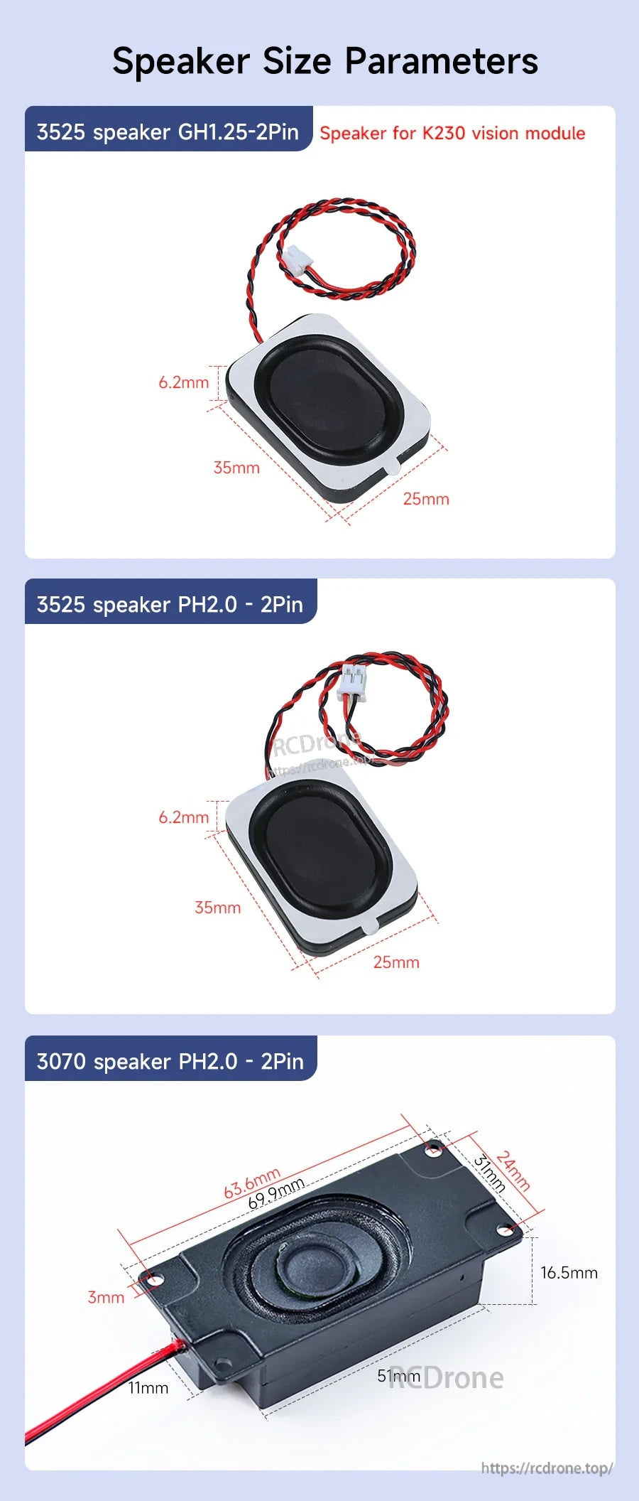 Speaker size measurements for 3525 (35×25×6.2mm) and 3070 module with mounting hole layout