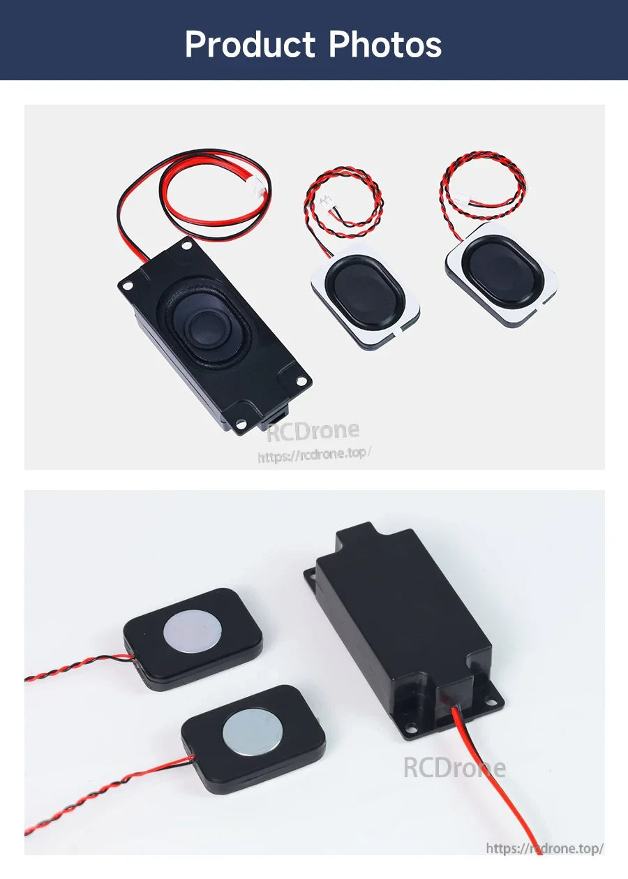 Product photos of 3070 speaker module and two 3525 micro speakers, including rear magnetic backing view