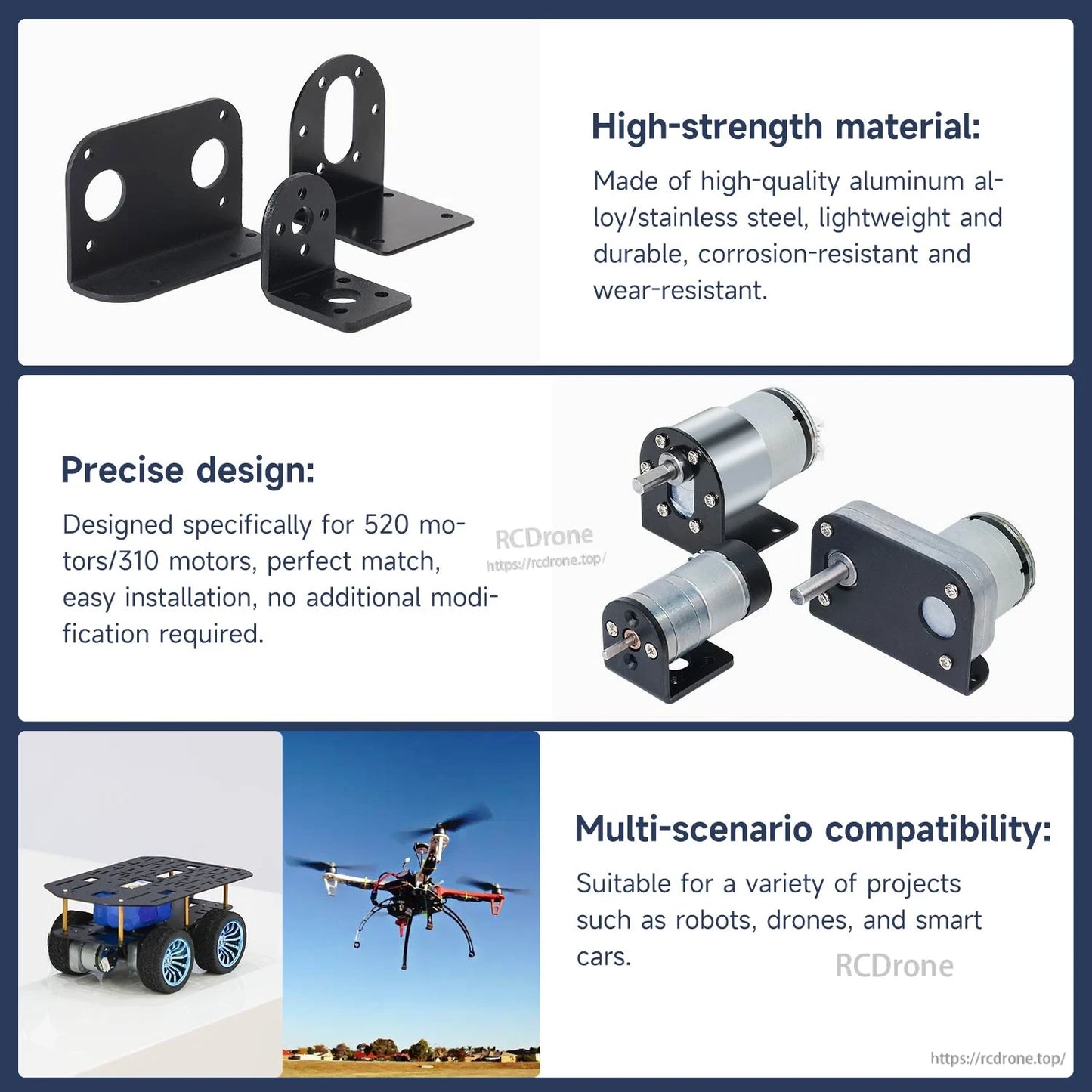 Feature overview for Yahboom 520/310 motor brackets showing material, design, and multi-scenario use