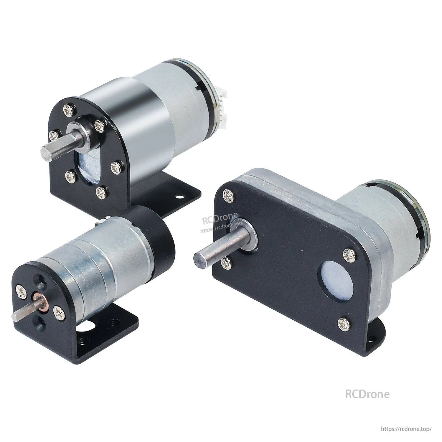 Encoder geared motors shown installed on the mounting brackets, angled view of three motor setups