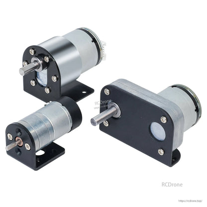 Encoder geared motors shown installed on the mounting brackets, angled view of three motor setups