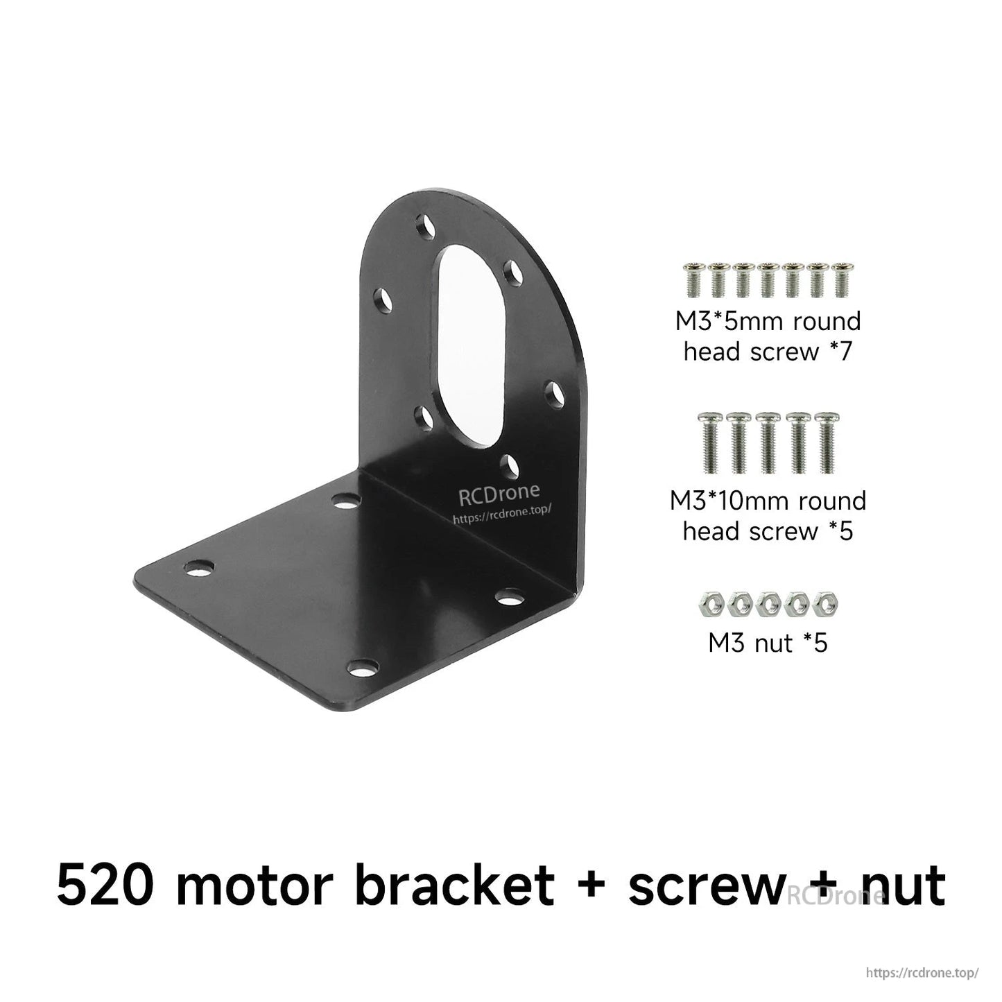 520 motor bracket hardware list: M3x5 screws (7), M3x10 screws (5), and M3 nuts (5)