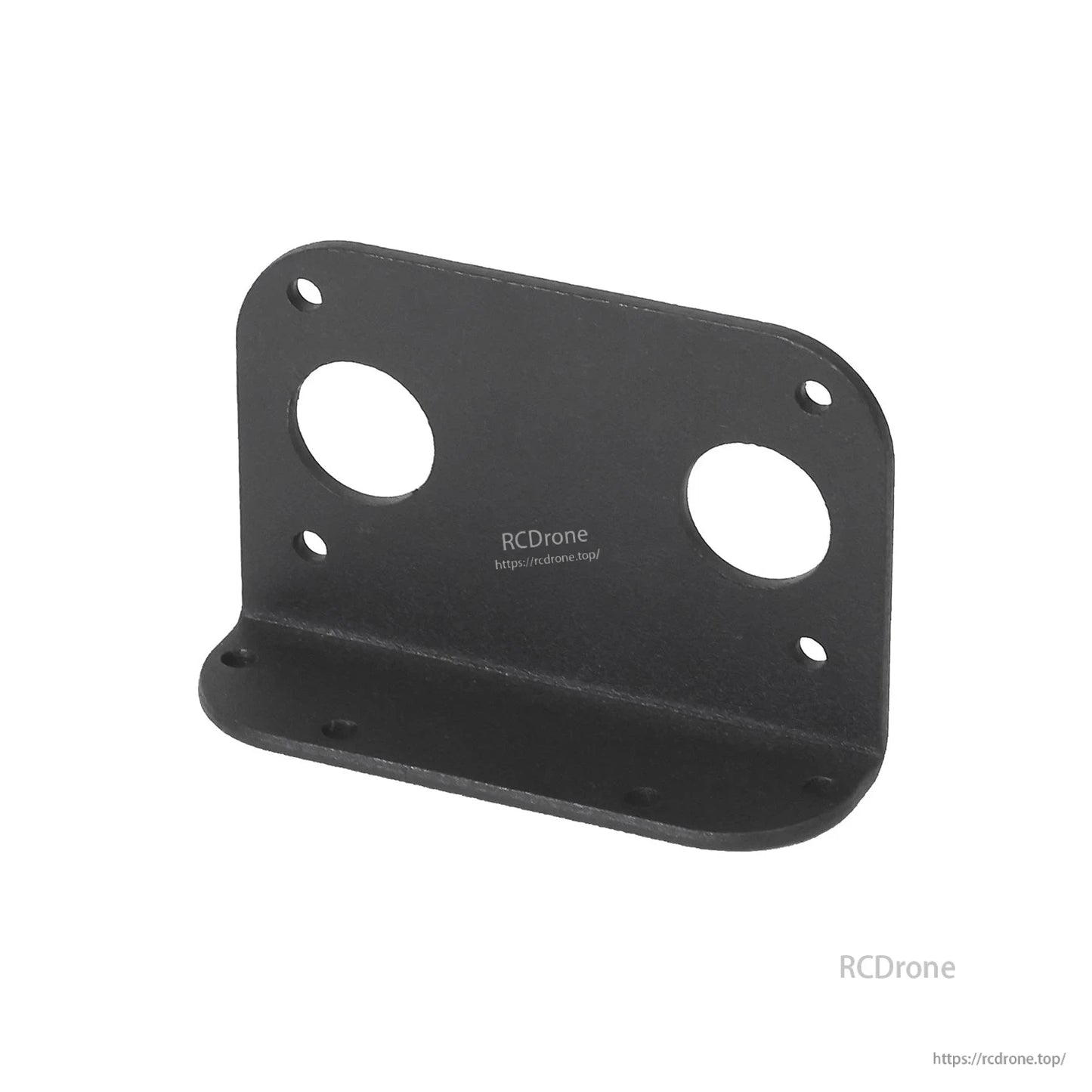 Close-up of L-type 520 motor bracket plate, black mount with two large circular openings