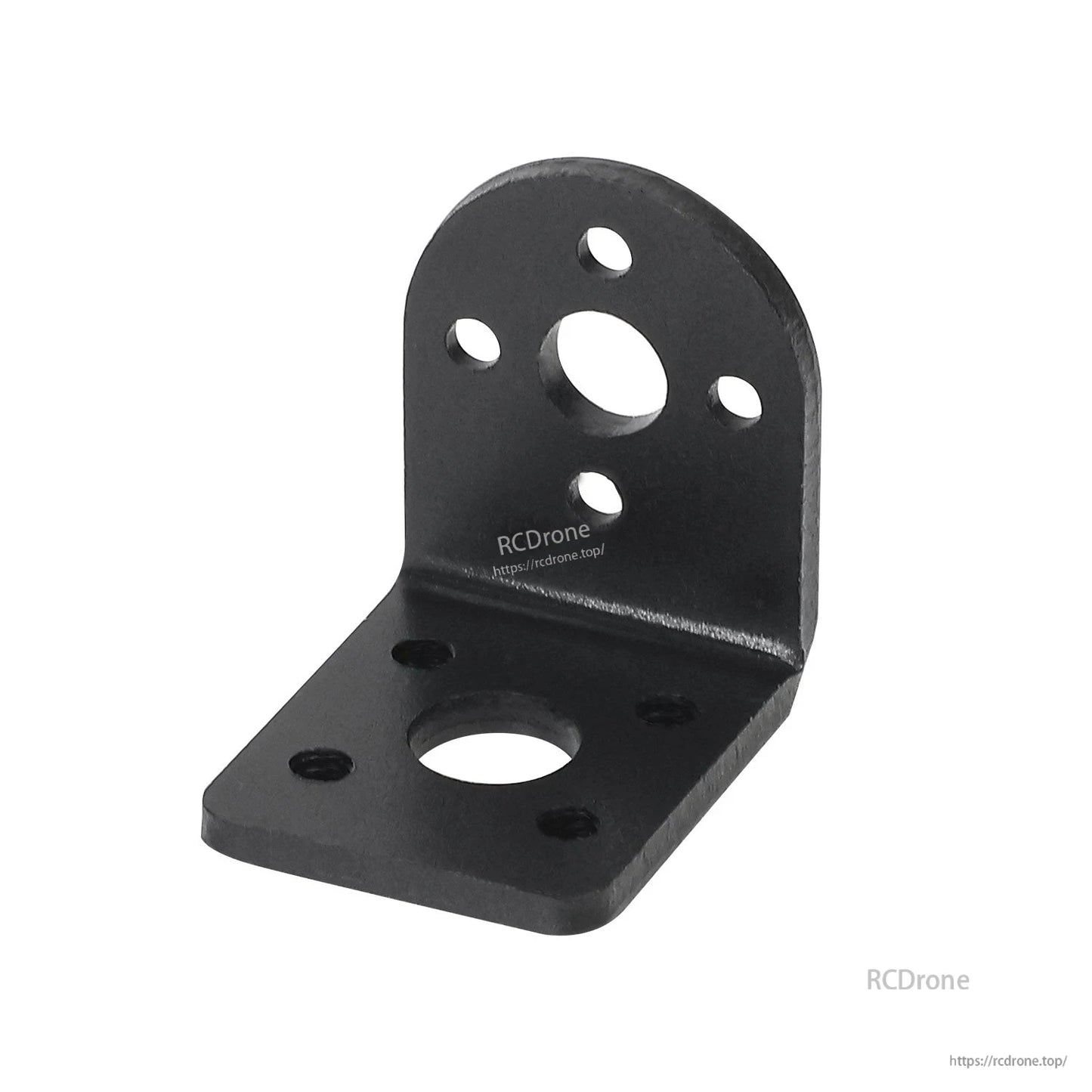 Close-up of 310 motor bracket, black aluminum L mount with multiple mounting holes