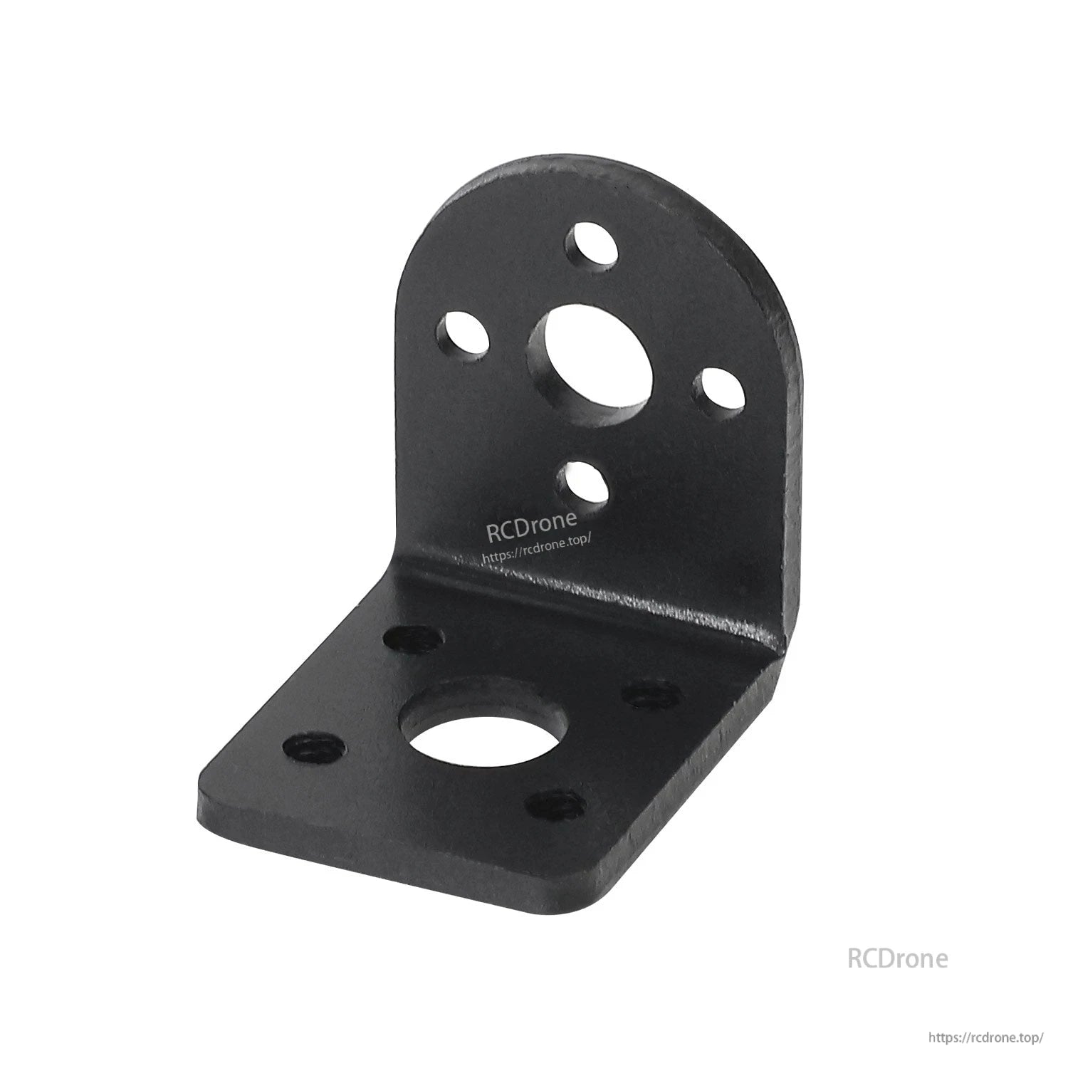 Close-up of 310 motor bracket, black aluminum L mount with multiple mounting holes