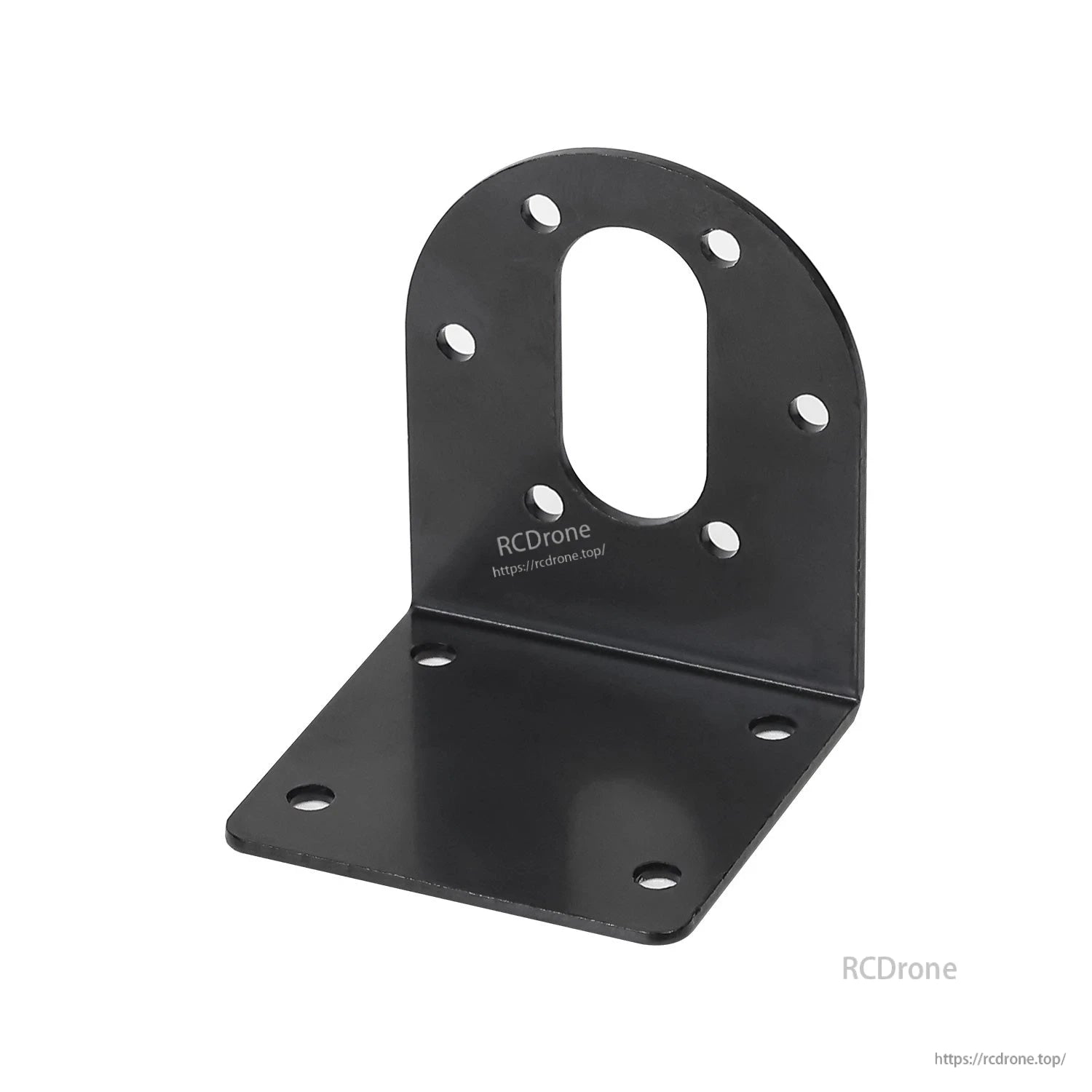 Close-up of 520 motor bracket, black L mount with tall plate and elongated oval slot