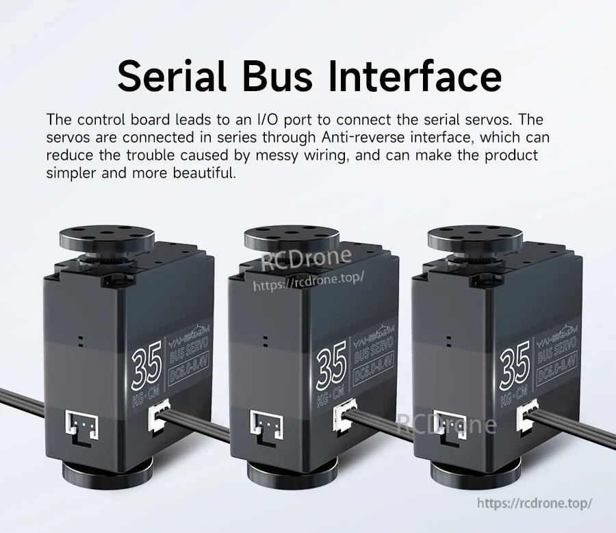 Serial bus interface cascading multiple servos in series using anti-reverse connectors to reduce wiring