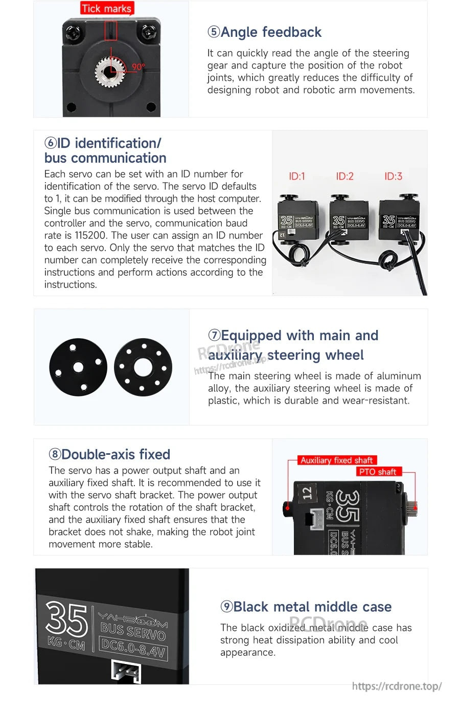Smart servo functions: angle feedback, ID addressing on the bus, dual-shaft support, steering wheels, and metal middle case
