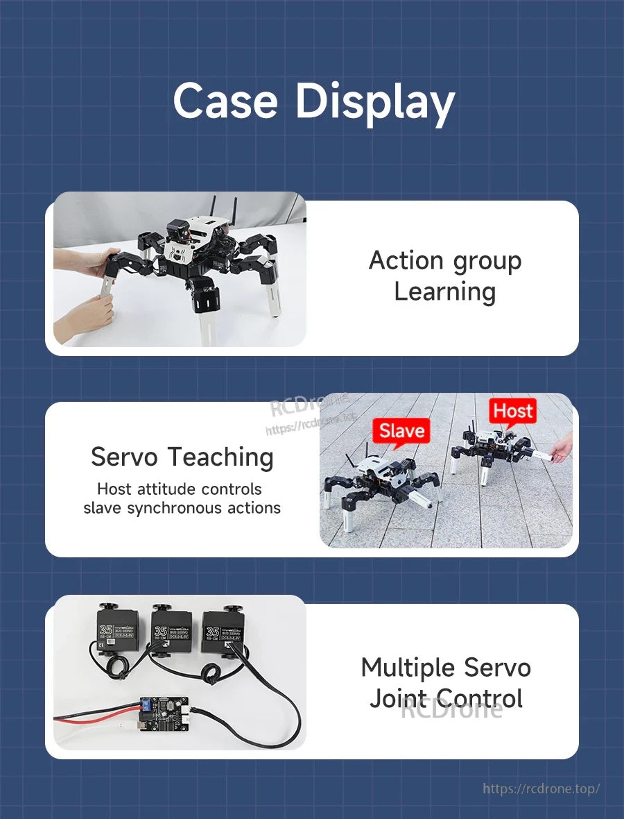 Application examples for serial bus servos: action group learning, servo teaching host/slave, and multi-servo joint control