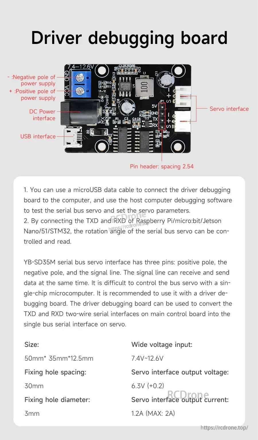 Yahboom YB-SD35M servo driver debugging board with USB, DC power input, and servo interface connections
