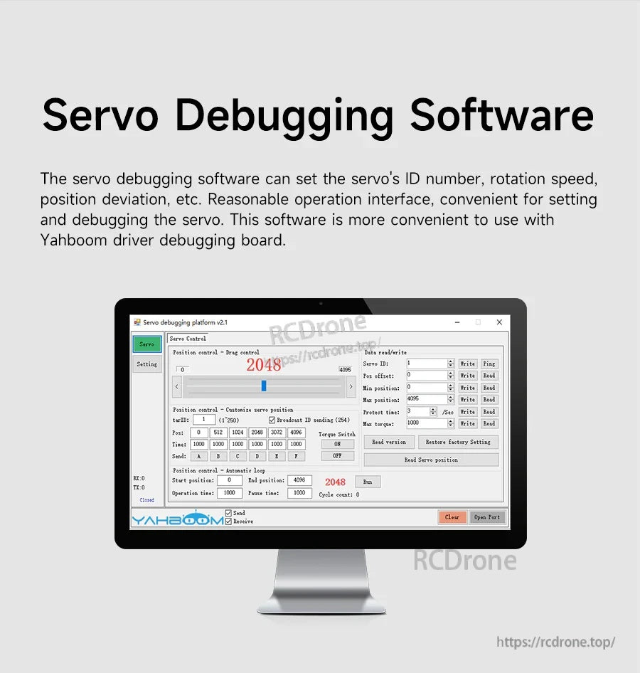 PC servo debugging software interface for setting servo ID, rotation speed, position, and deviation via driver board