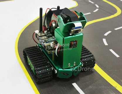 AI camera smart car driving on the track map mat, demonstrating line-following route turns
