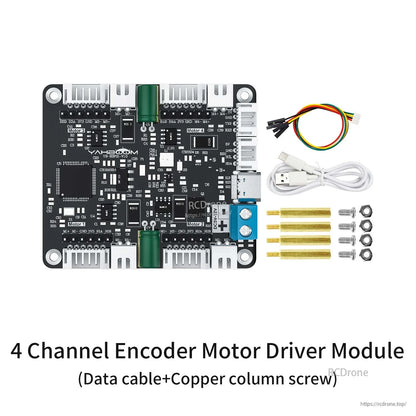 Kit contents: motor driver board with USB data cable, DuPont jumper lead, brass standoffs, screws and nuts
