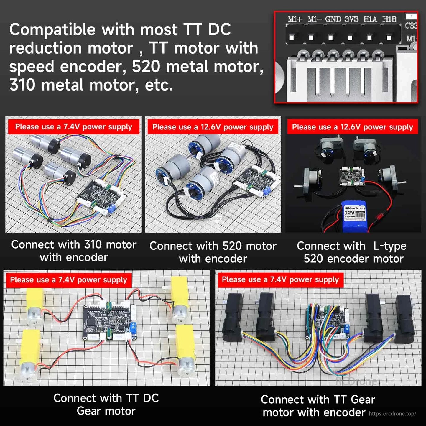 Compatibility examples graphic with TT DC gear motors and encoder motors, plus close-up of motor connector pin header