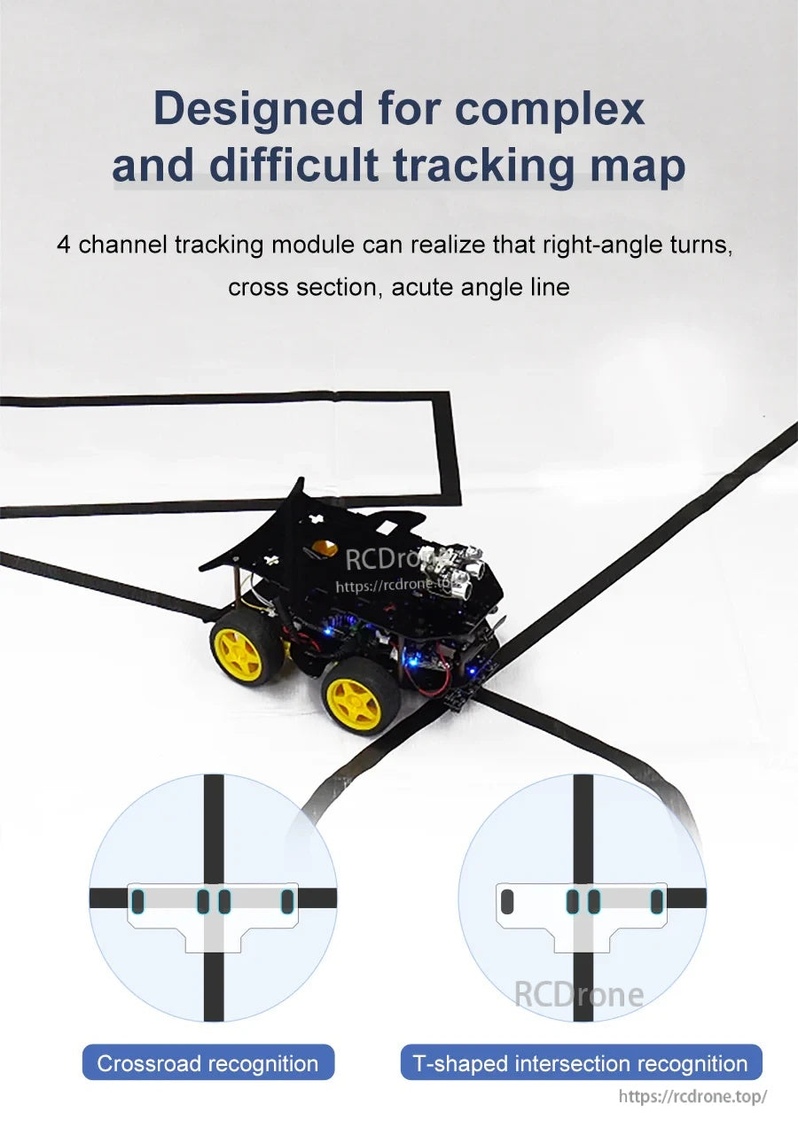 Robot car demo on complex track with crossroad and T-shaped intersection recognition illustrations